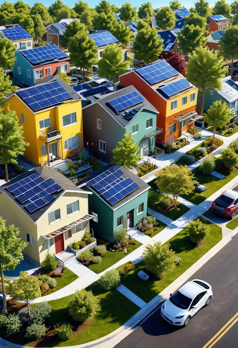 A vibrant neighborhood scene showcasing energy-efficient homes with solar panels, green roofs, and electric car charging stations. Include people engaging in eco-friendly activities like biking and gardening. Add trees and plants to emphasize sustainability. The sky is bright with sunshine to symbolize energy efficiency. super-realistic. vibrant colors. 3D.
