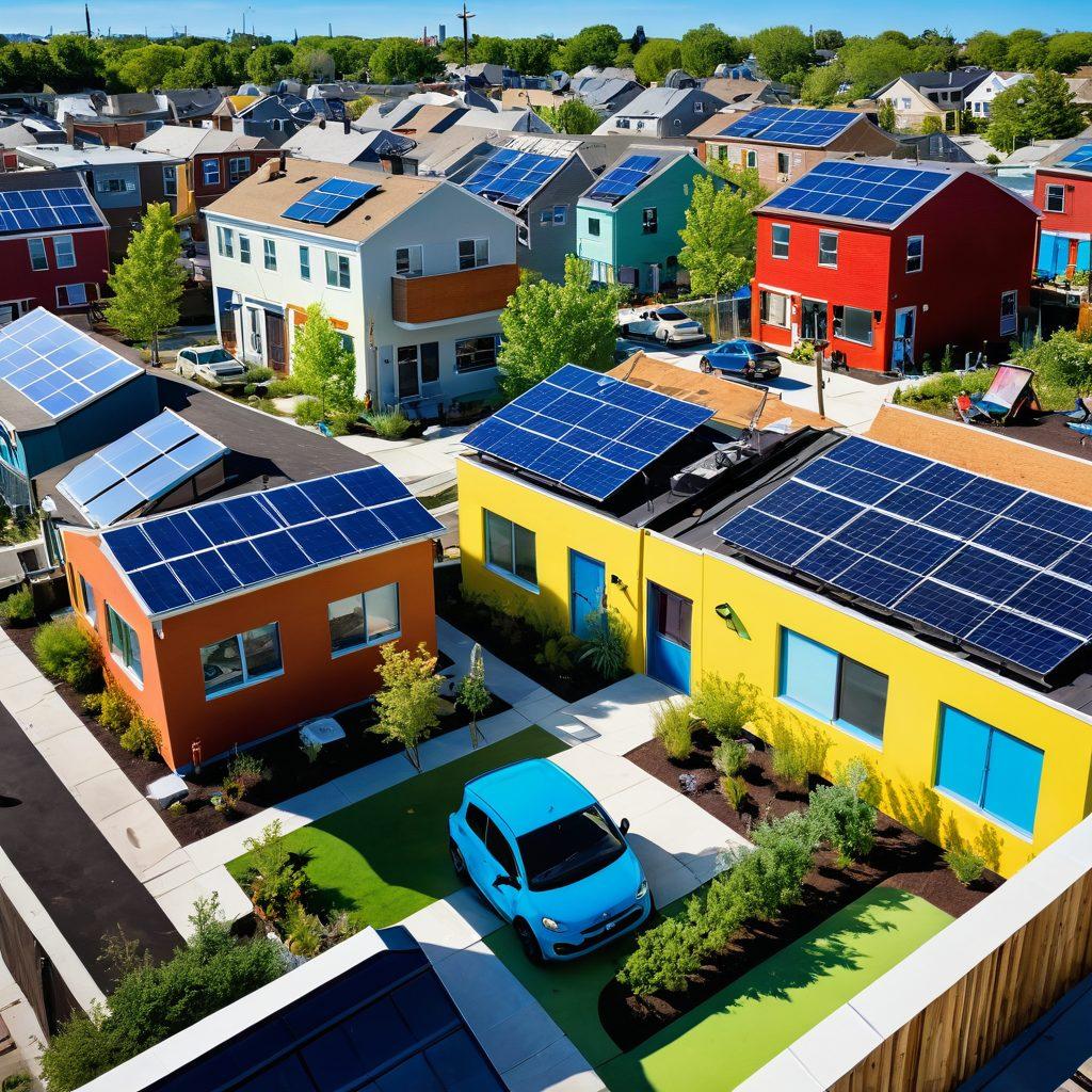 A vibrant neighborhood scene showcasing diverse community members collaborating on smart energy solutions, with solar panels on rooftops, community gardens, and electric vehicles. Incorporate elements of sustainability, such as wind turbines and recycling bins, all under a bright blue sky. Highlight interactions like children learning about energy conservation and adults discussing eco-friendly practices. A colorful urban mural in the background emphasizing community unity and green living. super-realistic. vibrant colors. 3D.
