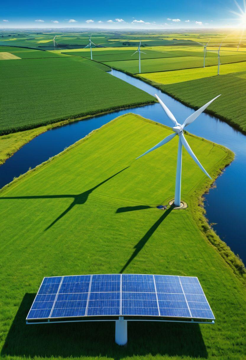 A serene landscape featuring a vibrant green field with solar panels glinting under the sun, alongside a wind turbine gracefully spinning in the distance. Incorporate a digital dashboard displaying energy-saving tips and updates, seamlessly blending technology with nature. The scene should evoke a sense of harmony between innovation and the environment. super-realistic. vibrant colors. clear blue sky.